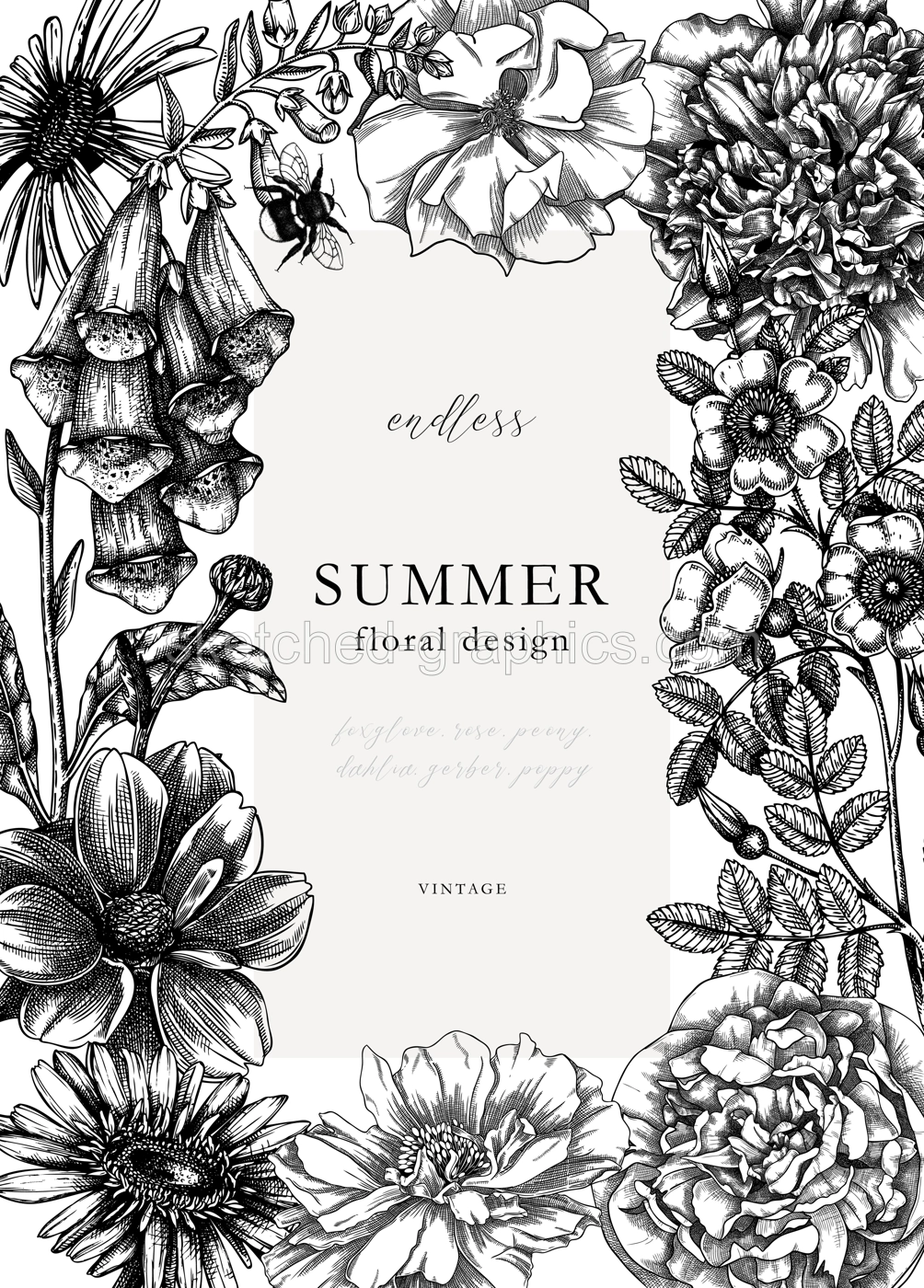 Summer flowers card or invitation template. Hand-sketched garden plants frame in engraved style. Botanical illustration with flower outlines. Perfect for banners, wedding or event design Illustration